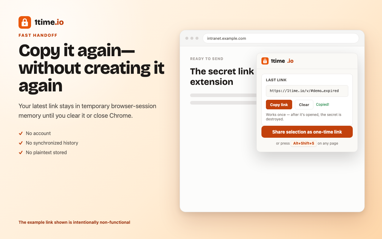The 1time extension confirming that a one-time link was created and copied to the clipboard