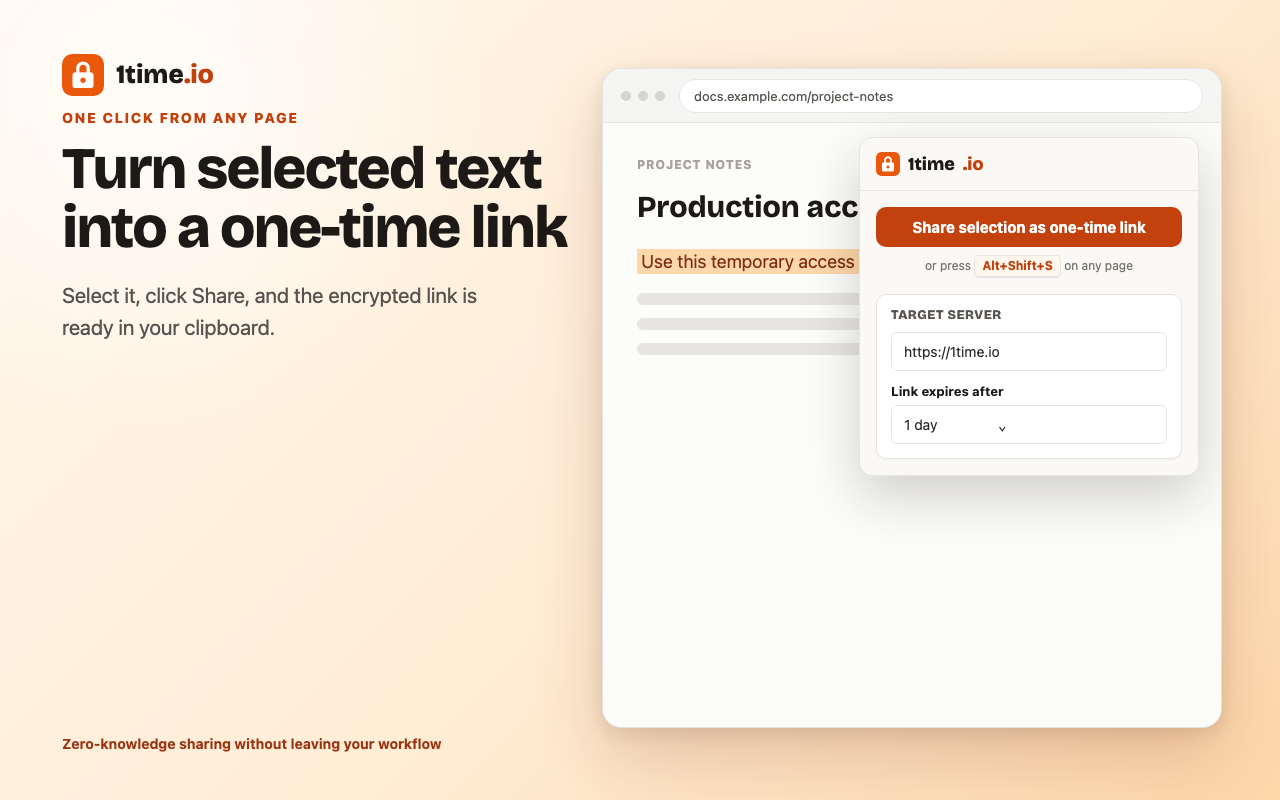Selecting text on a web page and choosing Share as one-time link from the 1time right-click menu